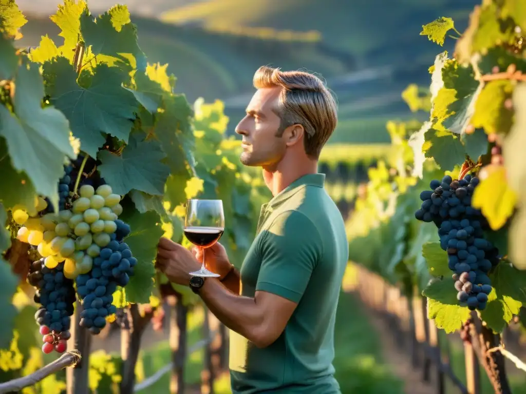 Un viñedo exuberante al atardecer, con filas de uvas verdes bajo la cálida luz dorada