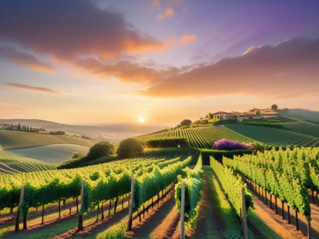 Un viñedo exuberante al atardecer con filas de uvas verdes bajo un cielo colorido