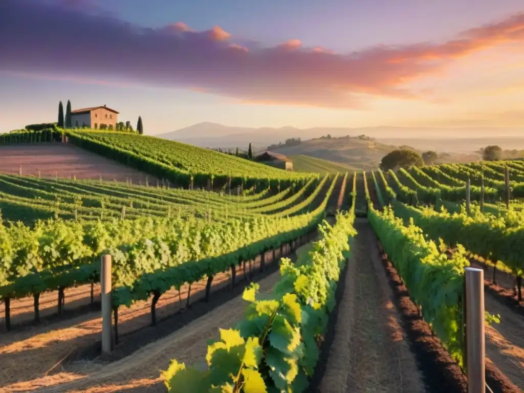 Un viñedo exuberante al atardecer, con filas de uvas verdes bajo un cielo cálido