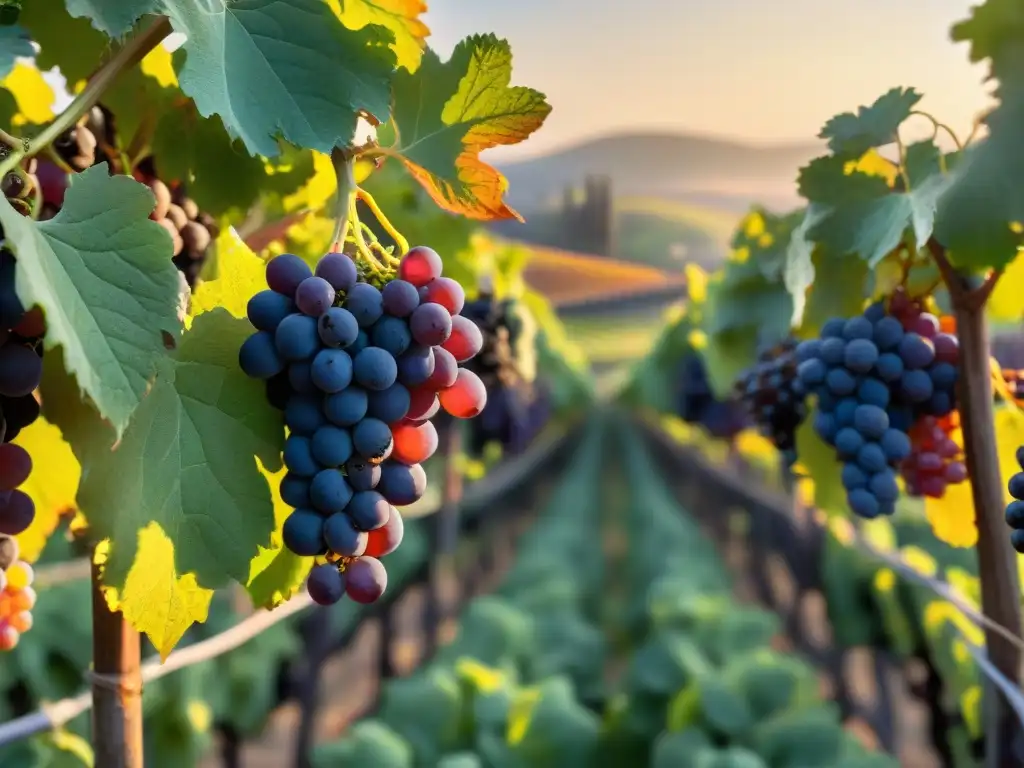 Un viñedo exuberante al atardecer, con hileras de uvas bajo un cielo naranja, rosa y morado