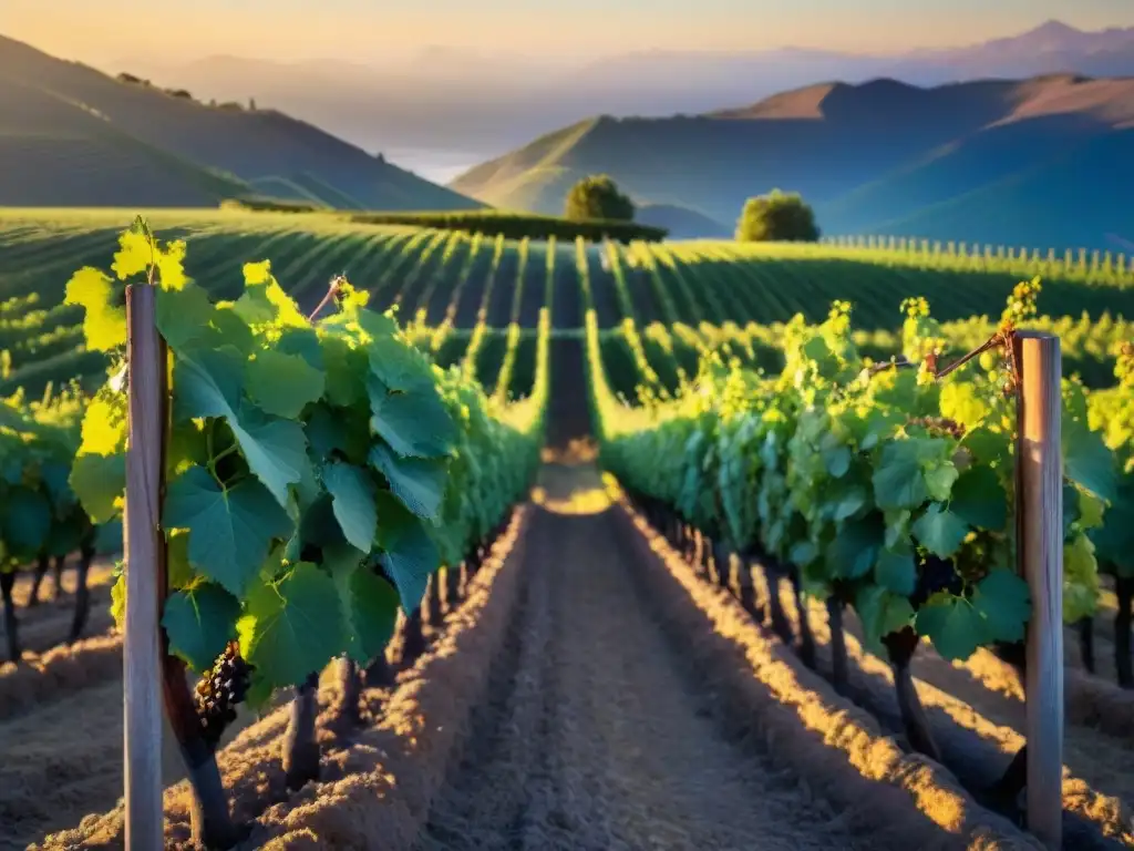 Un viñedo exuberante en Chile al atardecer, con hileras de uvas y el sol dorado iluminando el paisaje