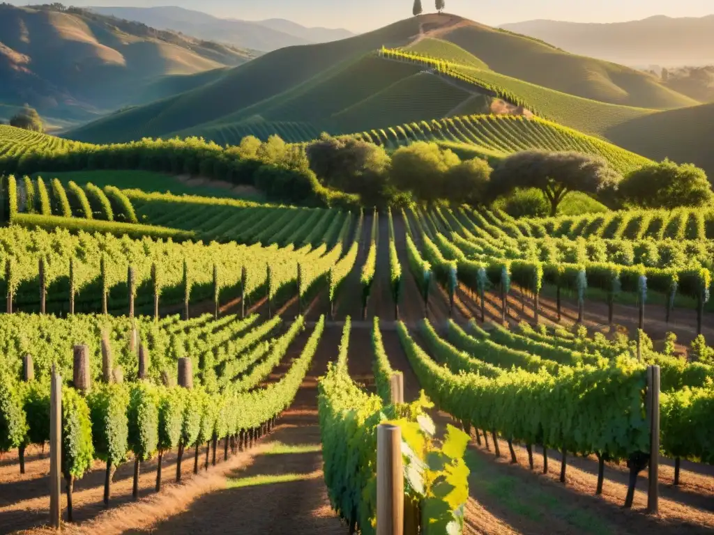 Viñedo exuberante al atardecer en Napa Valley, California, reflejando la pasión por Claves vinos Nuevo Mundo gourmet