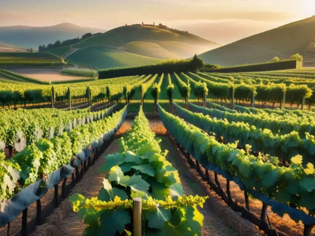 Un viñedo exuberante en Europa al atardecer, con racimos jugosos