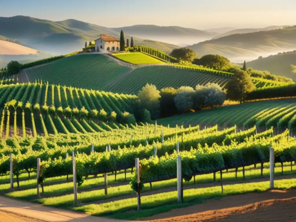 Un viñedo exuberante al atardecer, con uvas maduras y una bodega de piedra al fondo