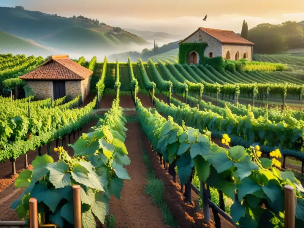 Un viñedo exuberante al atardecer, con uvas verdes bajo un cielo dorado