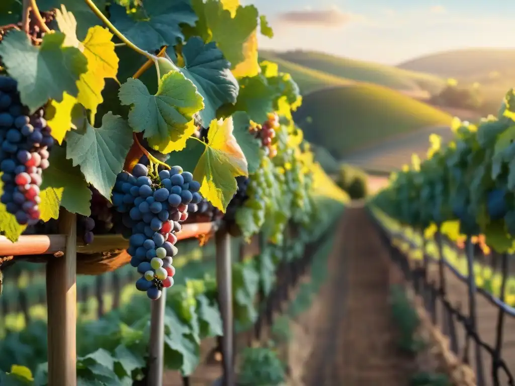 Viñedo exuberante al atardecer, uvas maduras bañadas por la cálida luz, bosque sereno y colinas