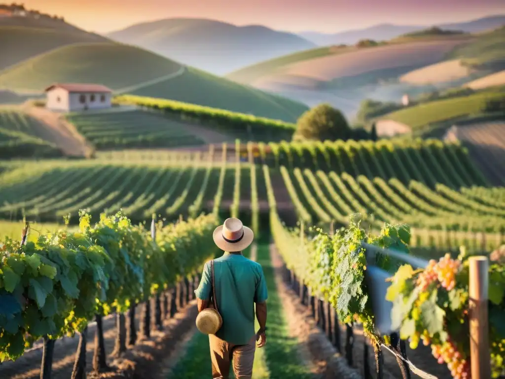 Un viñedo exuberante al atardecer, con uvas verdes bajo un cielo cálido