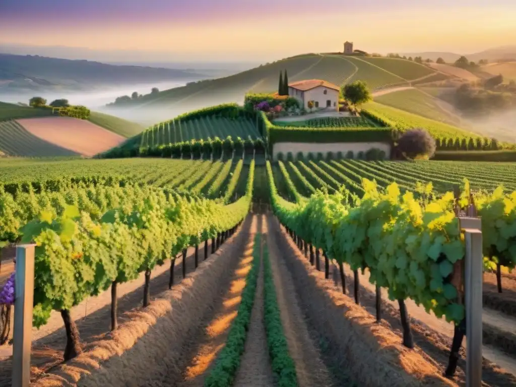 Un viñedo exuberante al atardecer con uvas llenas de vida bajo un cielo pintado en tonos cálidos