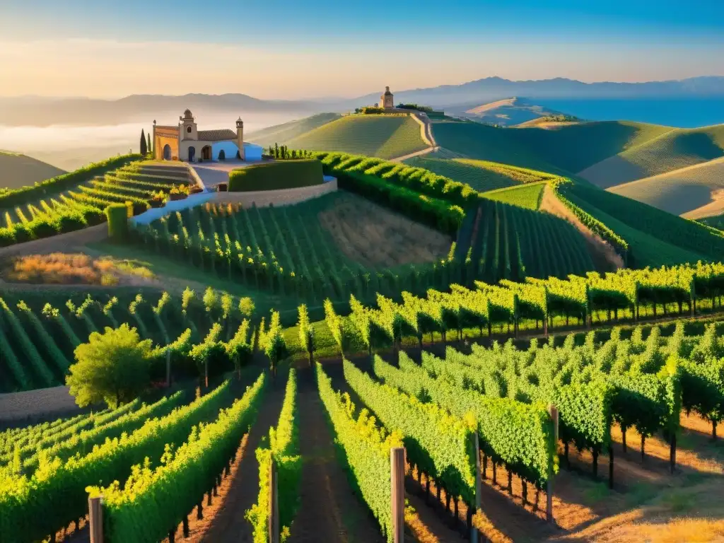 Un viñedo exuberante al atardecer en México, con viñedos verdes y una hacienda al fondo