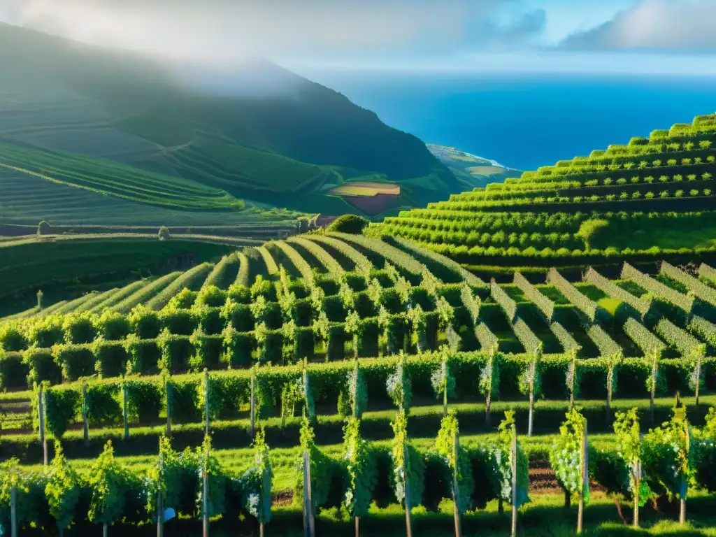 Un viñedo exuberante en Azores con terrazas de viñas verdes, molinos al fondo