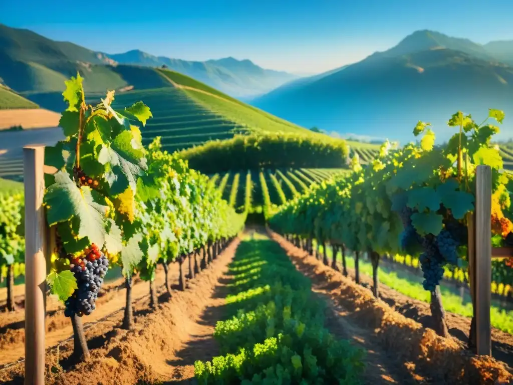 Un viñedo exuberante bañado por el sol, con uvas maduras y montañas majestuosas al fondo