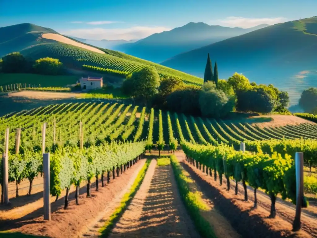 Un viñedo exuberante en una región vinícola emergente, con uvas maduras bajo el sol