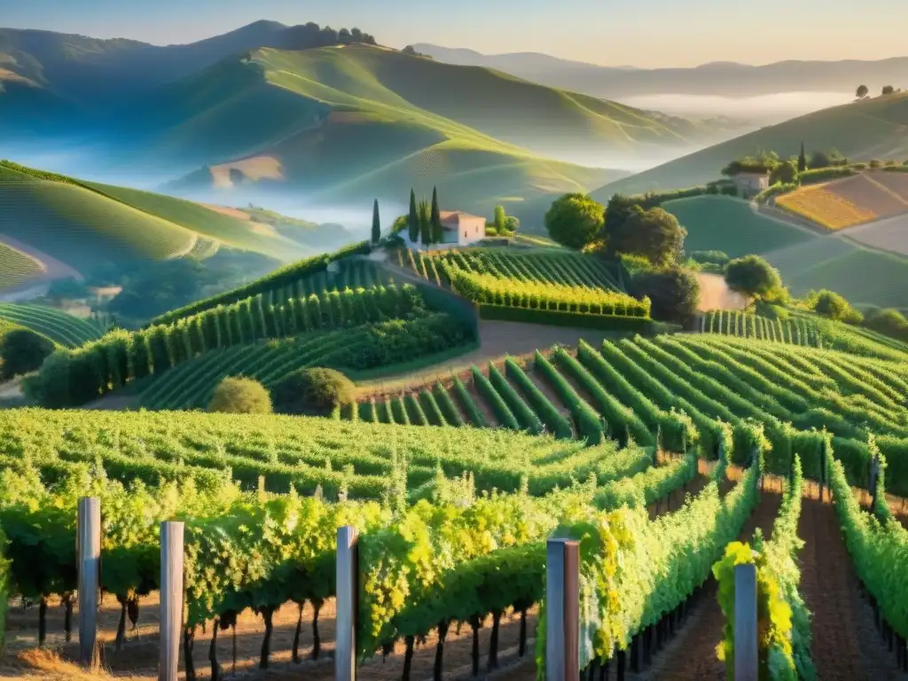 Viñedo exuberante al amanecer, con filas de vides verdes bajo el cálido sol dorado