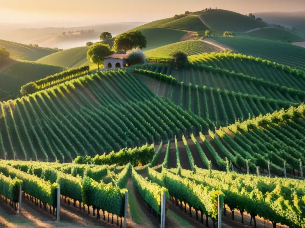 Un viñedo exuberante al amanecer, con hileras de vides verdes y colinas doradas al fondo