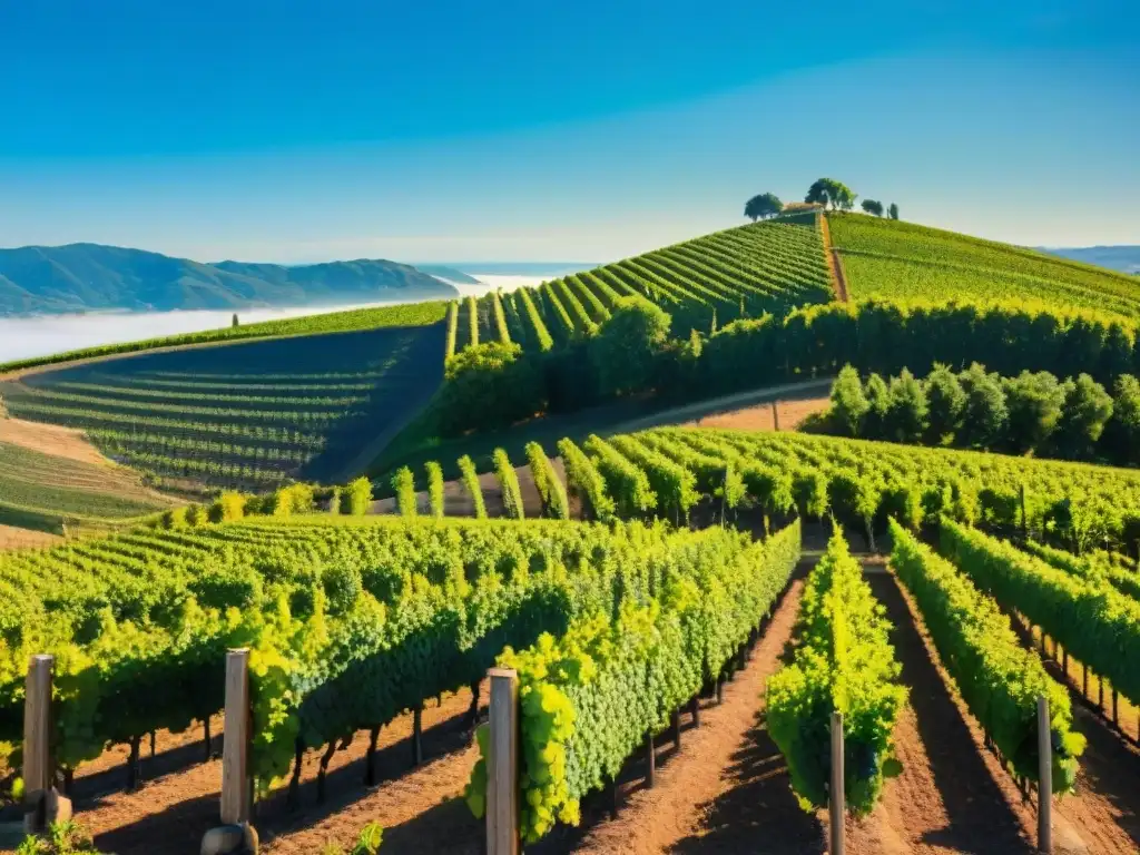 Viñedo exuberante en Nuevo Mundo, con uvas vibrantes bajo cielo azul