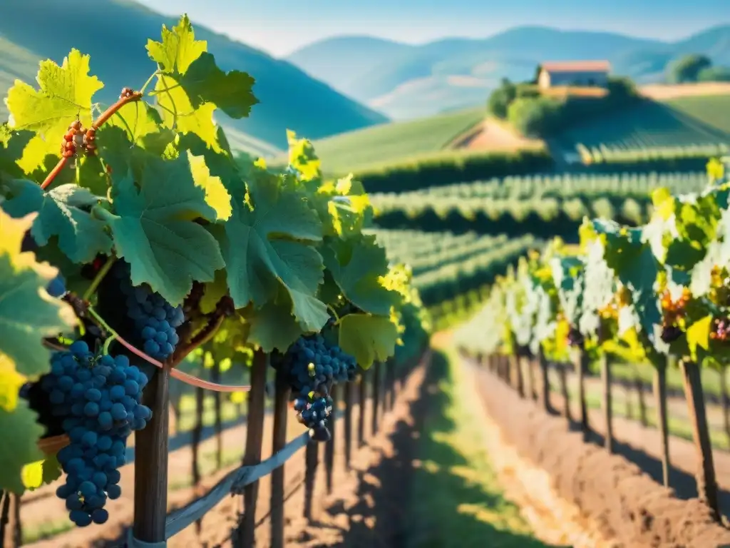 Viñedo exuberante en la región vitivinícola del Nuevo Mundo, con uvas maduras bajo el sol