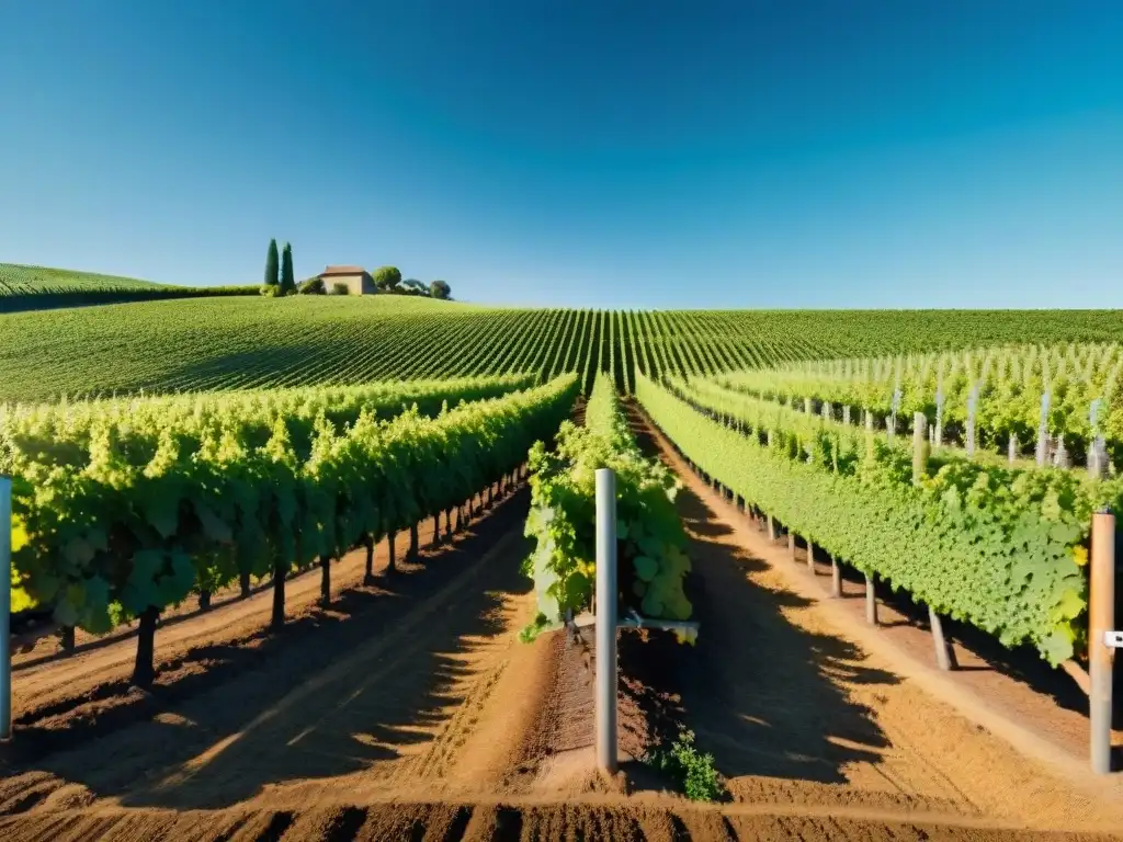 Un viñedo exuberante en el Nuevo Mundo, con uvas verdes vibrantes bajo el cielo azul