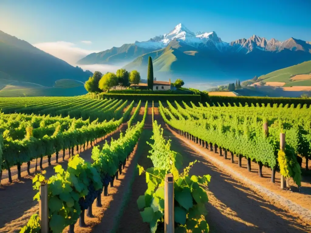 Viñedo exuberante del Nuevo Mundo: filas de vides verdes bajo el sol, montañas majestuosas al fondo