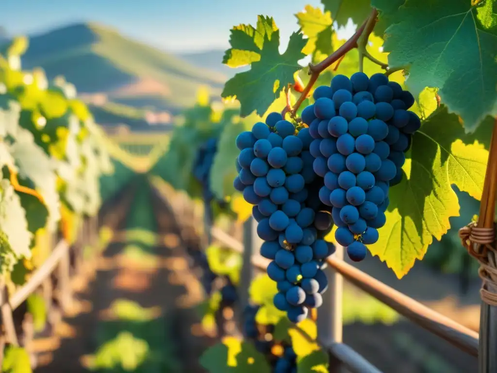 Un viñedo exuberante en el Nuevo Mundo: uvas maduras, colinas bañadas por el sol y una bodega al fondo