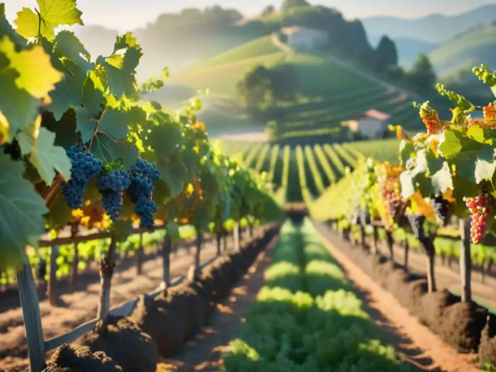 Un viñedo exuberante y soleado rebosante de uvas maduras, abejas y mariposas