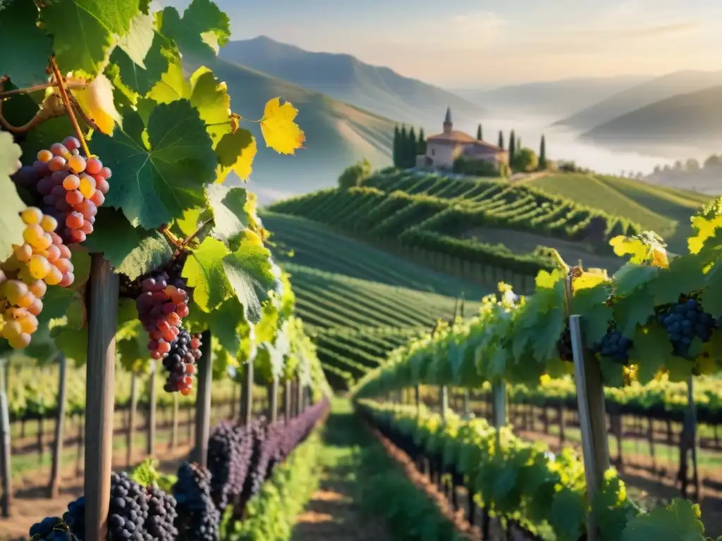 Un viñedo exuberante con uvas autóctonas en el Nuevo Mundo, bañado por cálida luz dorada al atardecer