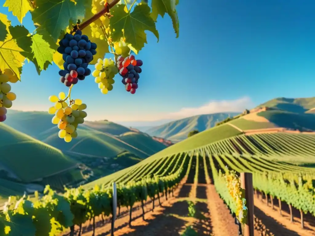 Viñedo exuberante con uvas autóctonas en valle escénico, bajo cielo azul