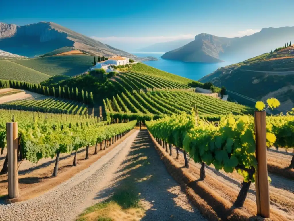 Un viñedo exuberante en Grecia con uvas maduras brillando al sol, rodeado de montañas y un cielo azul