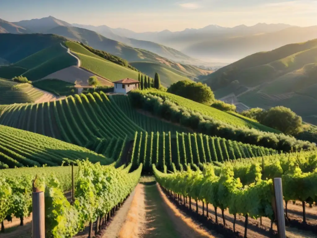 Un viñedo de montaña: filas interminables de vides verdes bajo el sol poniente, influencia altitud vinos sabor