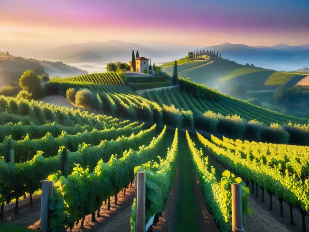 Un viñedo al amanecer: filas de vides verdes bajo la luz dorada, montañas al fondo y cielo de colores pastel