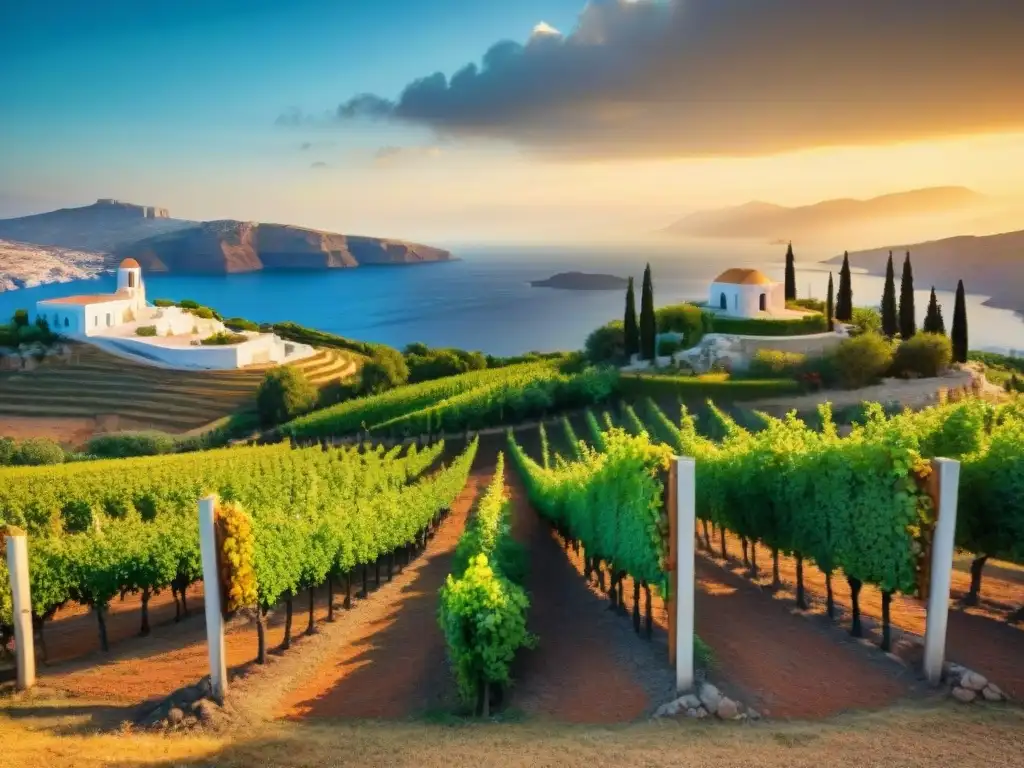 Viñedo griego al atardecer con ánforas antiguas entre las vides, reflejando la tradición de los vinos griegos antiguos variedades redescubriendo