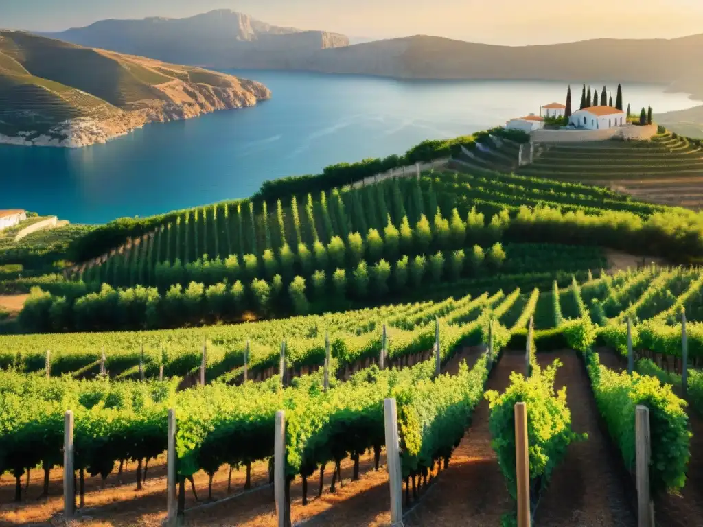 Un viñedo griego exuberante al atardecer, redescubriendo antiguas variedades de vinos griegos