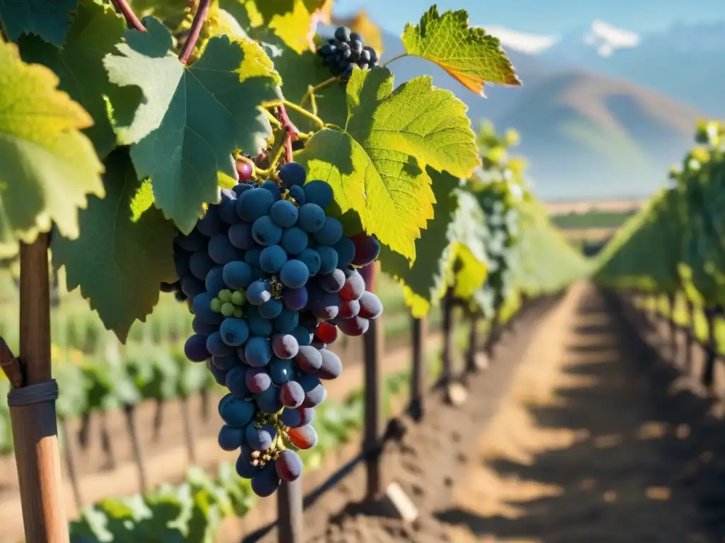 Un viñedo icónico en Mendoza, Argentina, con uvas Malbec al sol y los Andes de fondo