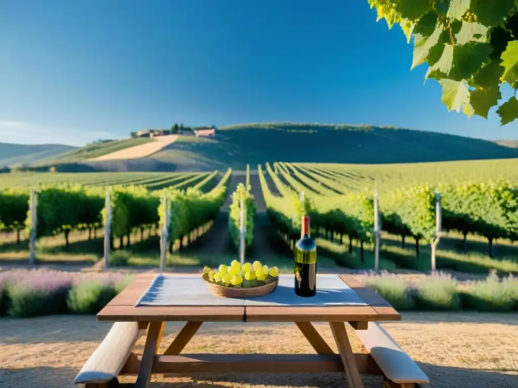 Un viñedo idílico en Provence con actividades únicas: vino, queso y baguettes en una mesa rústica bajo el sol