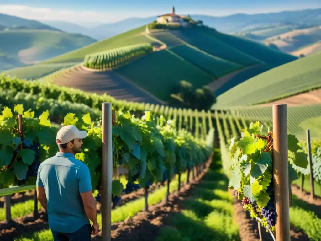 Un viñedo en el Nuevo Mundo: uvas verdes bajo el sol, colinas lejanas y un enólogo