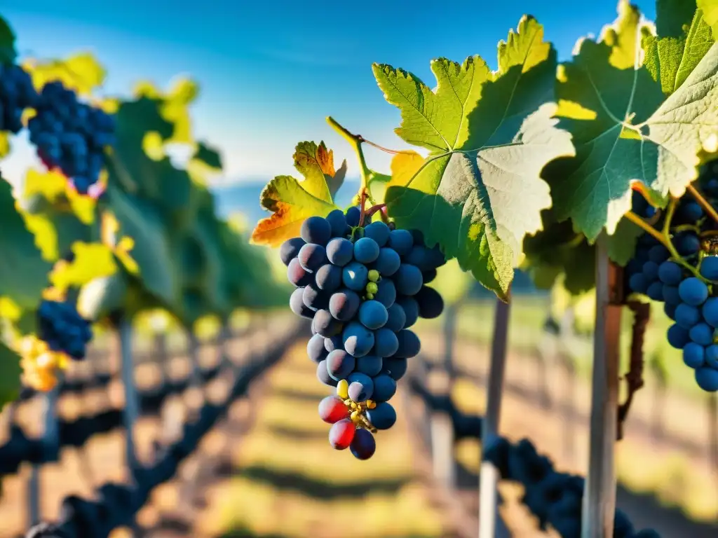 Viñedo en el Nuevo Mundo: vides verdes cargadas de uvas coloridas bajo cielo azul, transmitiendo abundancia y calidad