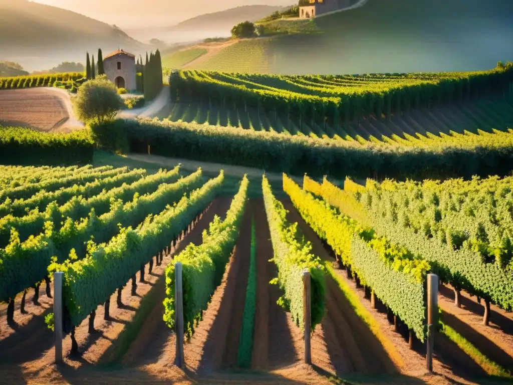 Viñedo orgánico al atardecer: serenidad y elegancia en la naturaleza Un viñedo orgánico al atardecer con vides detalladas y una bodega rústica