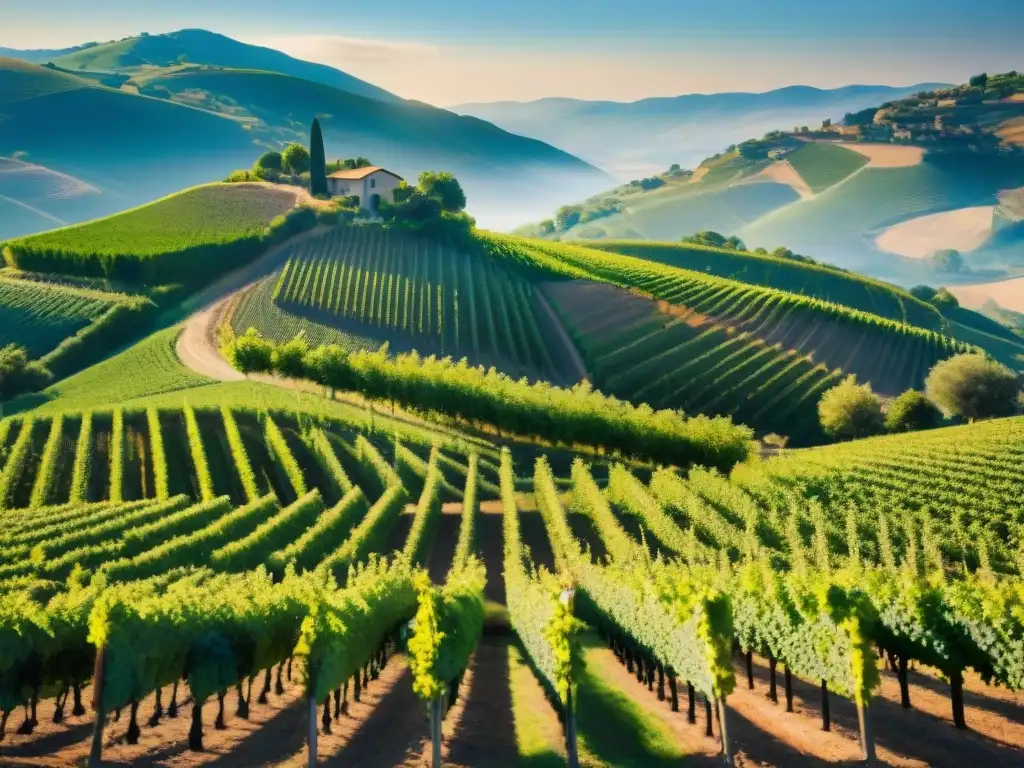 Un viñedo orgánico y biodinámico premium bañado por el sol, con hileras de uvas verdes vibrantes en un paisaje de colinas y cielos azules