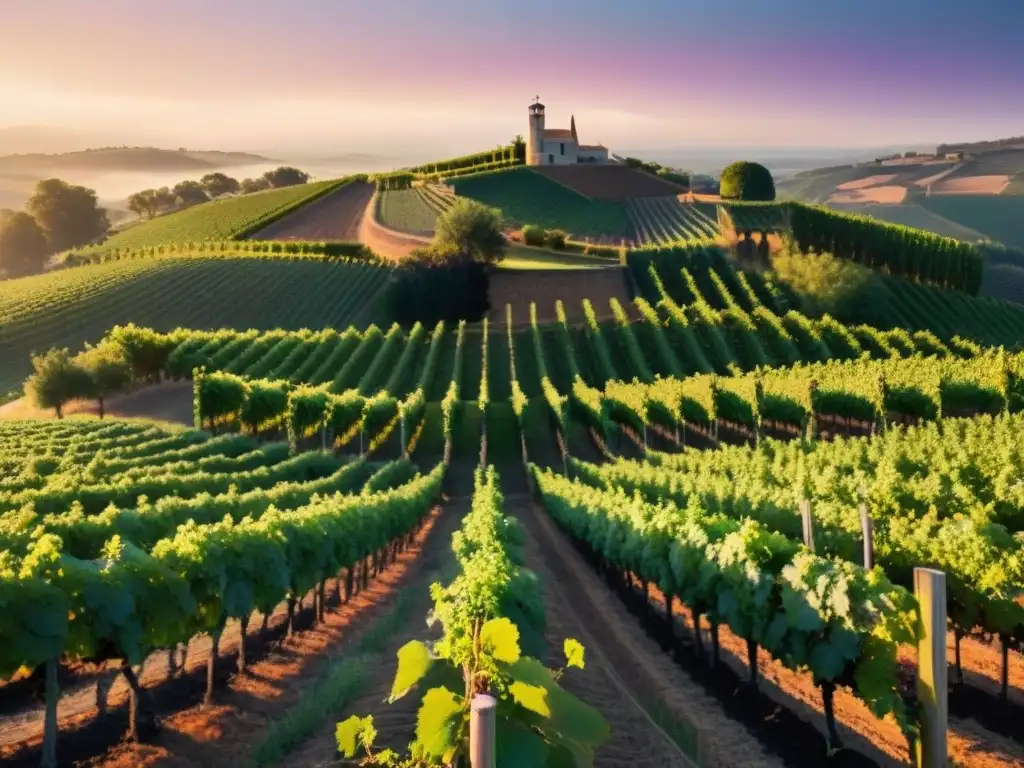 Viñedo orgánico en el Nuevo Mundo, con uvas y paisaje al atardecer