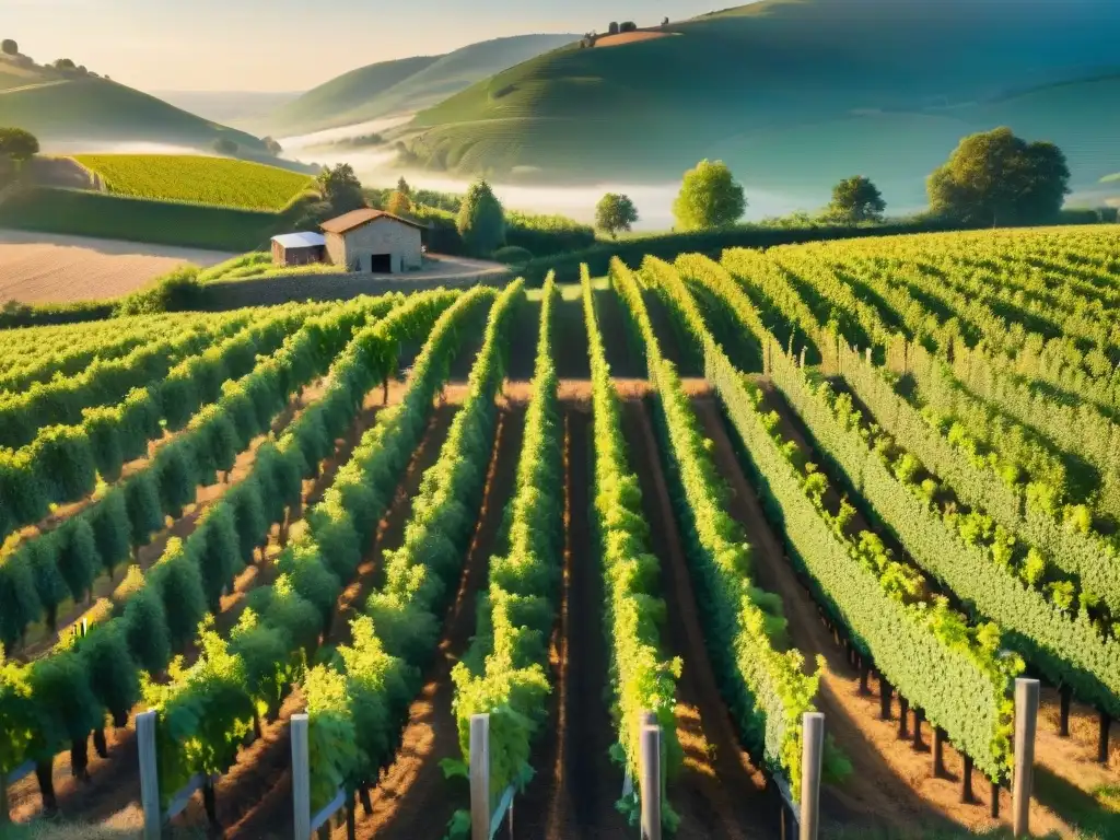 Un viñedo orgánico sostenible gourmet bañado por la cálida luz del atardecer, con vides verdes y una quesería artesanal al fondo