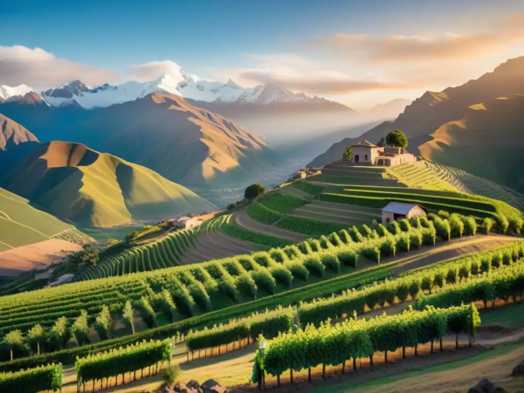 Un viñedo peruano al atardecer, con uvas maduras listas para cosechar