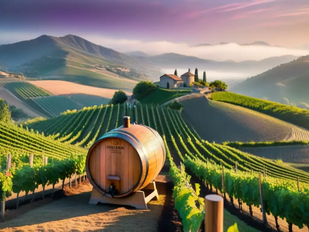 Un viñedo pintoresco al atardecer con barril de vino, sombras alargadas y cielo en tonos cálidos