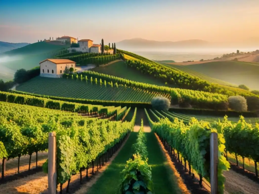 Un viñedo pintoresco en Europa al atardecer dorado, con viñas verdes y una bodega de piedra