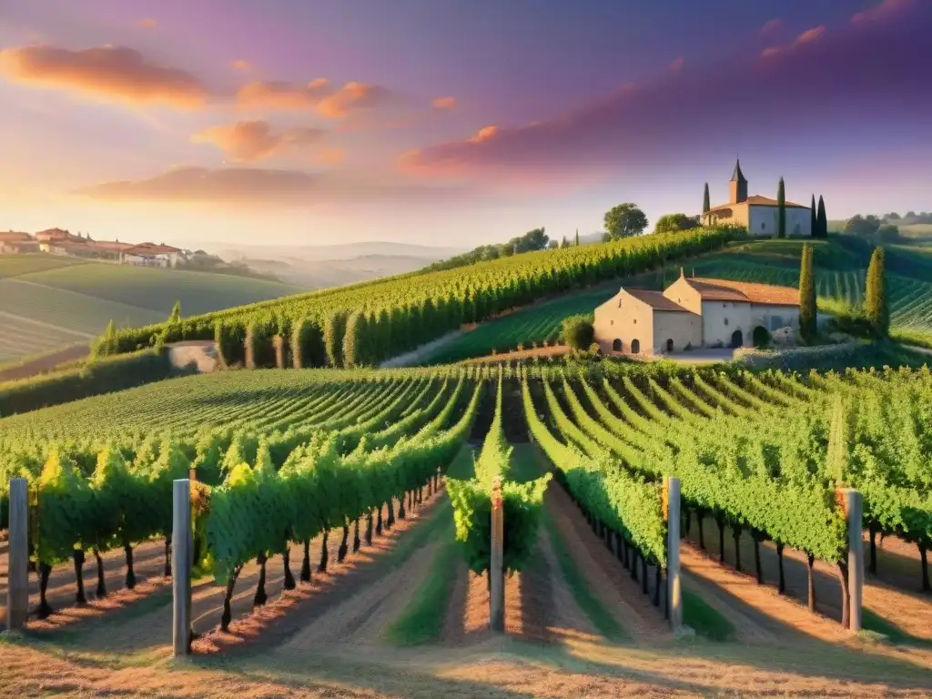 Un viñedo pintoresco al atardecer en Europa, con filas de uvas, bodega de piedra y una cálida luz dorada