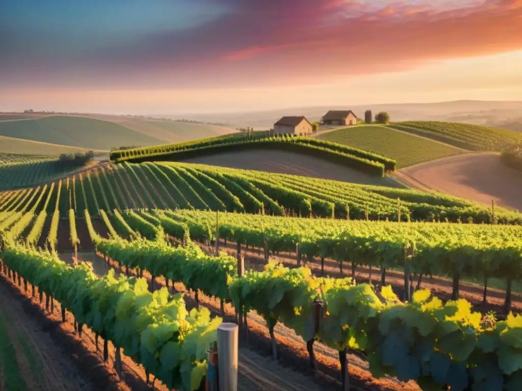 Viñedo pintoresco al atardecer, hileras de viñas verdes bajo un cielo naranja y rosa