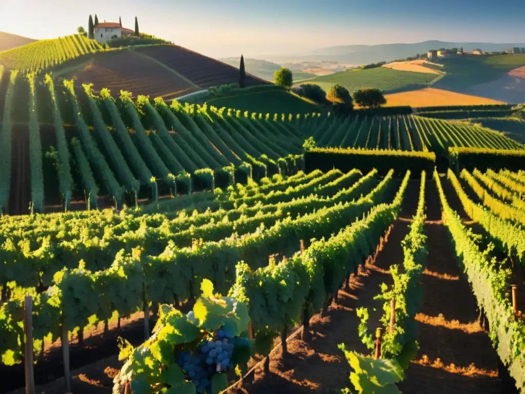 Un viñedo pintoresco al atardecer, con hileras de uvas, bañado por la luz dorada del sol