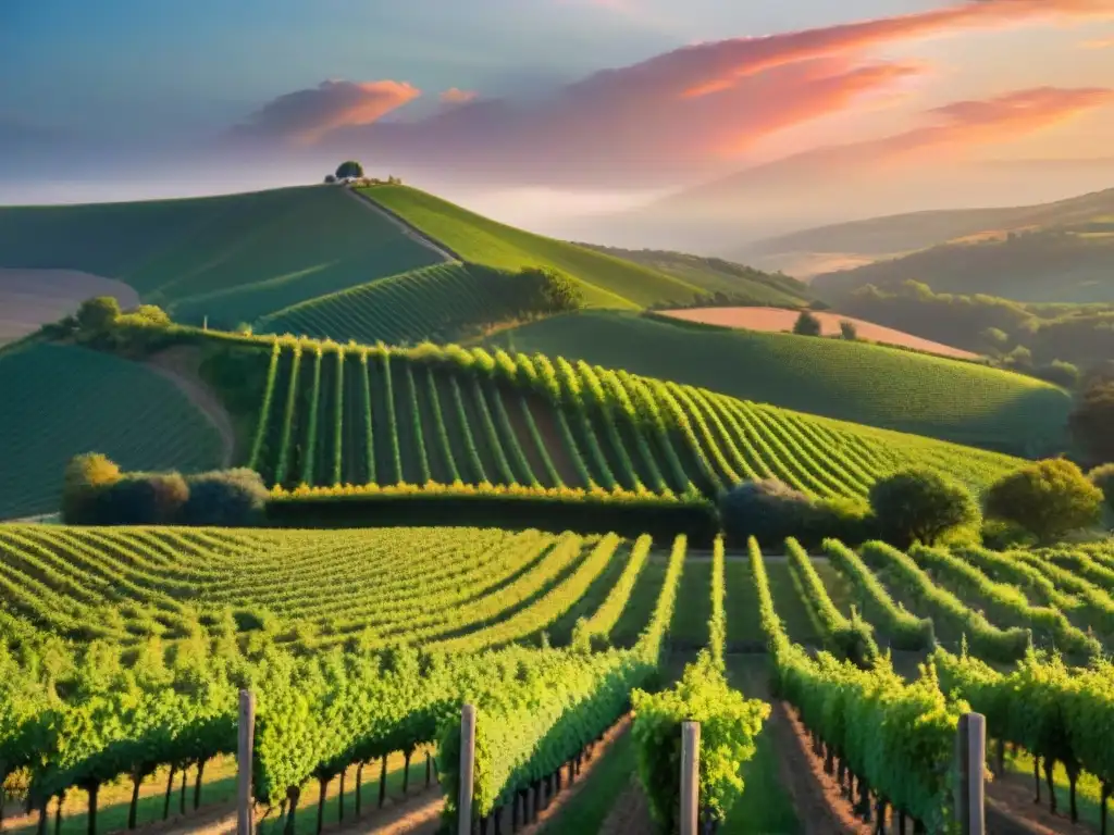 Un viñedo pintoresco al atardecer, con hileras de verdes viñas bajo un cielo naranja y rosado