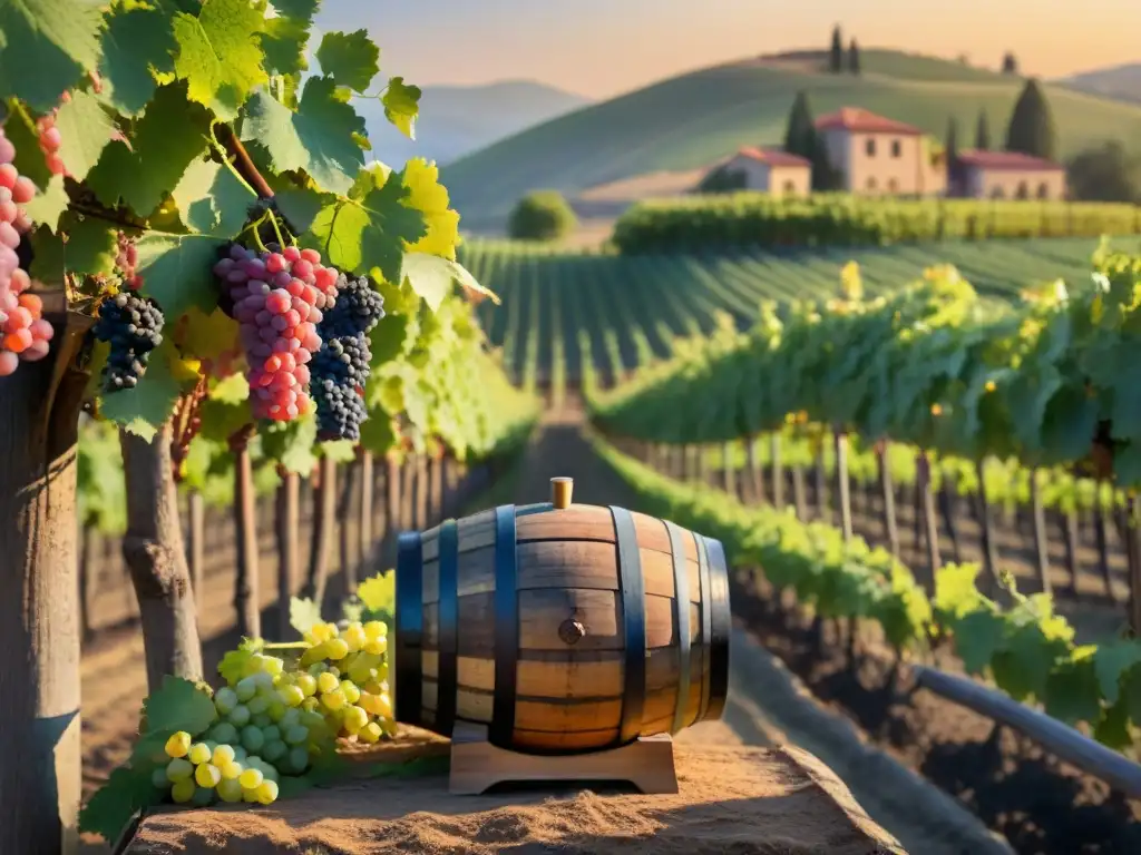 Un viñedo pintoresco al atardecer con hileras de uvas verdes, barrica de madera y bodega de piedra