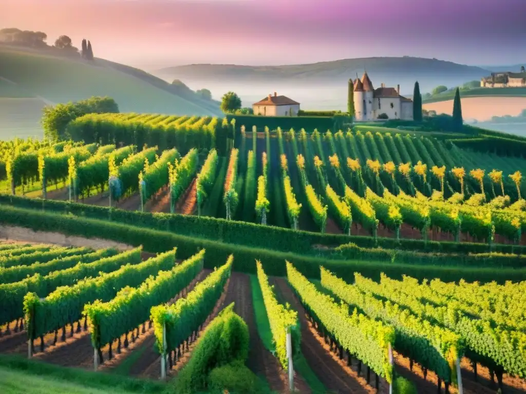 Un viñedo pintoresco al atardecer en la Ruta del vino bodegas Francia, con uvas exuberantes y un cielo colorido