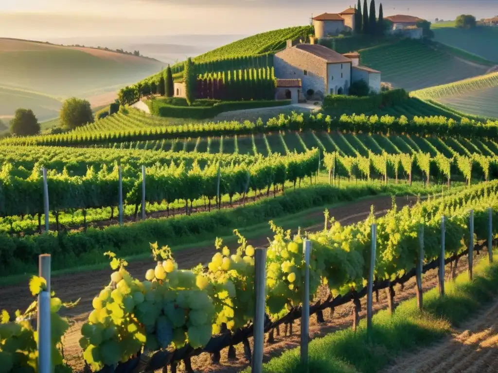 Un viñedo pintoresco en Europa al atardecer, con uvas maduras y una bodega de piedra