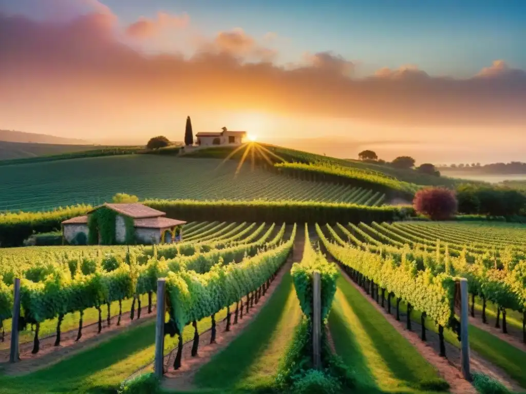 Viñedo pintoresco al atardecer, con vides verdes, estanque tranquilo y bodega rústica iluminada